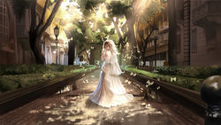 Rule 34 | 1girl, blue eyes, bridal veil, brown hair, bug, butterfly, dress, gloves, highres, insect, lamppost, original, smile, solo, tree, veil, wedding dress, white gloves, x-red flower
