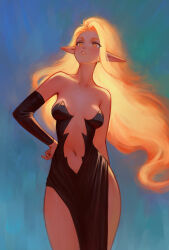 Rule 34 | bare shoulders, black dress, blonde hair, blue background, breasts, breasts apart, detached sleeves, dress, dungeons &amp; dragons, glowing, glowing hair, highres, long hair, medium breasts, navel, original, plunging neckline, pointy ears, shchrit, strapless, strapless dress, yellow eyes