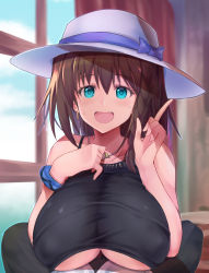 Rule 34 | 1boy, 1girl, asahi (fullmetal madness), bare shoulders, bikini, black bikini, blush, braid, breasts, breasts squeezed together, brown hair, charlotte corday (fate), charlotte corday (swimsuit caster) (fate), charlotte corday (swimsuit caster) (first ascension) (fate), cleavage, collarbone, fate/grand order, fate (series), green eyes, hat, hetero, highres, jewelry, large breasts, looking at viewer, necklace, open mouth, paizuri, paizuri under clothes, pendant, short hair, side braid, smile, sun hat, swimsuit, white headwear