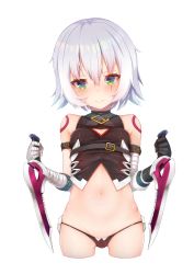 Rule 34 | 1girl, bandaged arm, bandages, bare shoulders, black gloves, black panties, black shirt, blush, breasts, cameltoe, closed mouth, commentary request, cropped legs, dagger, dual wielding, facial scar, fate/grand order, fate (series), gloves, green eyes, hair between eyes, hands up, highres, holding, holding dagger, holding knife, holding weapon, jack the ripper (fate/apocrypha), knife, navel, panties, scar, scar across eye, scar on cheek, scar on face, shirt, shoulder tattoo, silver hair, simple background, single glove, sleeveless, sleeveless shirt, small breasts, smile, solo, tattoo, underwear, weapon, white background, yaosera