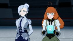 Rule 34 | 2girls, 3d, ahoge, android, animated, animated gif, aqua eyes, blue eyes, bow, excited, gloves, hair bun, hand on another&#039;s shoulder, jumping, long hair, lowres, multiple girls, orange hair, penny polendina, ribbon, rwby, single hair bun, white hair, winter schnee