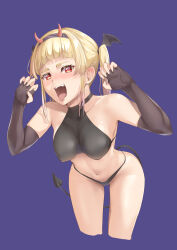 Rule 34 | 1girl, absurdres, bikini, black bikini, black gloves, blonde hair, blush, breasts, claw pose, collarbone, commentary, cropped legs, demon horns, demon tail, elbow gloves, fake horns, fingerless gloves, gloves, gradient hair, hands up, heart, heart in eye, highres, horns, leaning forward, long hair, looking at viewer, medium breasts, multicolored hair, navel, open mouth, original, pink hair, purple background, red eyes, sidelocks, simple background, solo, stomach, swimsuit, symbol in eye, tail, takumi nosiro, teeth, tongue, tongue out, twintails, upper teeth only, wing hair ornament
