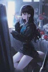 Rule 34 | 1girl, absurdres, bad id, bad pixiv id, black hair, black shirt, black skirt, blue eyes, cherry, commentary, cup, drinking, flower, food, from side, fruit, highres, long hair, long sleeves, myoushun, original, painting (action), school uniform, serafuku, shirt, sitting, skirt, solo, stool, symbol-only commentary, thighs