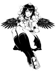 Rule 34 | 1girl, book, closed mouth, feathered wings, greyscale, hand up, hat, highres, holding, holding book, invisible chair, legs together, looking at viewer, monochrome, pen, pleated skirt, pointy ears, puffy short sleeves, puffy sleeves, ruukii drift, shameimaru aya, shirt, shoes, short hair, short sleeves, simple background, sitting, skirt, smile, socks, solo, tokin hat, touhou, white background, wings