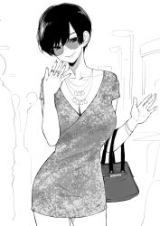 Rule 34 | 1girl, absurdres, bag, bangle, bracelet, breasts, cleavage, commentary, contrapposto, cowboy shot, dress, earrings, english commentary, greyscale, handbag, happy, highres, jewelry, large breasts, looking at viewer, monochrome, necklace, norman maggot, olive laurentia, original, pixie cut, ring, short dress, short hair, short sleeves, simple background, smile, solo focus, standing, stud earrings, sunglasses