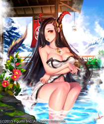 Rule 34 | 1girl, :o, architecture, ayanami (maboroshi juuhime), black hair, breast hold, breasts, demon horns, east asian architecture, highres, horns, jewelry, large breasts, long hair, looking at viewer, maboroshi juuhime, naked towel, necklace, one eye closed, onsen, orange eyes, original, sitting, soaking feet, solo, towel, very long hair, water, winter, yoda (ayanamikodon)