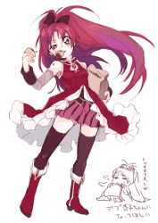 Rule 34 | 10s, 1girl, amezawa koma, bag, bare shoulders, boots, bow, brown thighhighs, chibi, chibi inset, detached sleeves, eating, food, full body, hair bow, long hair, looking at viewer, magical girl, mahou shoujo madoka magica, mahou shoujo madoka magica (anime), mouth hold, paper bag, ponytail, red eyes, red hair, sakura kyoko, simple background, skirt, squinting, standing, taiyaki, thighhighs, translation request, uneven eyes, wagashi, white background, zettai ryouiki