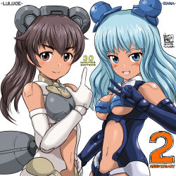 Rule 34 | 2girls, 30 minutes sisters, animal ears, anniversary, artist name, bear ears, black eyes, black hair, blue eyes, blue gloves, blue hair, blue leotard, blush, breasts, character name, clothing cutout, commentary request, dark-skinned female, dark skin, double bun, elbow gloves, fake animal ears, fake tail, gloves, hair between eyes, hair bun, hair ornament, hand up, headgear, highres, index finger raised, joints, leotard, light blue hair, long hair, looking at viewer, luluce (30ms), mecha musume, medium breasts, multiple girls, navel, official art, open mouth, pointing, pointing up, ponytail, siana amarcia, signature, simple background, smile, split mouth, stomach cutout, tail, thrusters, underboob, upper body, v, v-shaped eyebrows, white background, white gloves, white leotard, yanase takayuki