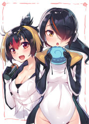 Rule 34 | 10s, 2girls, :d, black hair, blush, breasts, can, chestnut mouth, cleavage, covered navel, eating, emperor penguin (kemono friends), food, holding, holding can, holding food, hood, hoodie, japari bun, japari symbol, kemono friends, large breasts, looking at viewer, medium breasts, multicolored hair, multiple girls, open mouth, orange eyes, red eyes, rockhopper penguin (kemono friends), smile, streaked hair, yaguo, zipper