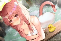 Rule 34 | 1girl, ahoge, animal ear fluff, animal ears, bare arms, bare shoulders, bathing, blush, bow, braid, breasts, cat ears, cat girl, cat tail, cleavage, closed mouth, collarbone, commentary request, commission, dutch angle, eyes visible through hair, hair ribbon, highres, indie virtual youtuber, izumiya konomi, leaning, light particles, long hair, looking at viewer, medium breasts, naked towel, nose blush, onsen, partially submerged, pink eyes, pink hair, pink tail, red bow, red ribbon, ribbon, rubber duck, seiru (prairie), skeb commission, smile, solo, tail, tail bow, tail ornament, towel, twin braids, twintails, twitter username, virtual youtuber, water, water drop, wet