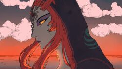 Rule 34 | 1girl, alotofp907, cloud, cloudy sky, commentary, english commentary, highres, hood, lipstick, long hair, looking to the side, makeup, midna, midna (true), nintendo, outdoors, purple lips, red eyes, red hair, sky, solo, sun, sunset, the legend of zelda, the legend of zelda: twilight princess, twilight, upper body