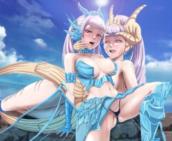 Rule 34 | 2girls, acier silva, armor, beach, black clover, black panties, breasts, cleavage, cleavage cutout, clothing cutout, crown, curvy, gloves, grey hair, horns, large breasts, long hair, looking at viewer, mature female, mother and daughter, multiple girls, navel, noelle silva, outdoors, panties, ponytail, purple eyes, shiny skin, spread legs, stomach, the amazing gambit, thick thighs, thighhighs, thighs, thong, tongue, twintails, underwear
