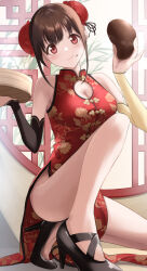 Rule 34 | 1girl, absurdres, bare arms, bare legs, black footwear, breasts, brown hair, china dress, chinese clothes, cleavage, cleavage cutout, clothing cutout, clothing request, collared dress, day, dress, food, high heels, highres, holding, holding food, idolmaster, idolmaster shiny colors, indoors, looking at viewer, medium breasts, okano yuuto, red dress, red eyes, round window, side slit, single bare arm, sitting, sleeveless, sleeveless dress, smile, solo, sonoda chiyoko, two side up, window