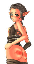 Rule 34 | 00s, 1girl, ass, black hair, blush, breasts, elf, elvaan, female focus, final fantasy, final fantasy xi, green eyes, looking back, pointy ears, simple background, small breasts, solo, spanked
