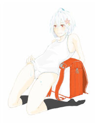 Rule 34 | 1girl, accelerator (toaru majutsu no index), ahoge, albino, backpack, bag, black socks, blush, expressionless, flat chest, flower, full body, hair flower, hair ornament, hand under clothes, hand under swimsuit, jitome, leaning back, leaning on object, legs, one-piece swimsuit, oyaumi zzz, pale skin, presenting, red bag, red eyes, short hair, socks, solo, suzushina yuriko, swimsuit, toaru majutsu no index, wet, white background, white hair, white one-piece swimsuit