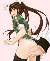 Rule 34 | 10s, 1boy, 1girl, admiral (kancolle), ass, ass grab, asymmetrical legwear, blush, brown eyes, brown hair, grabbing another&#039;s ass, groping, hair ribbon, hand on own ass, hetero, kantai collection, long hair, no panties, open mouth, pelvic curtain, remodel (kantai collection), ribbon, serakoutarou, surprised, sweatdrop, thighhighs, tone (kancolle), twintails, uneven legwear, wavy mouth, white background