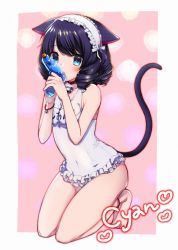Rule 34 | 10s, 1girl, animal ears, anklet, artist name, bad id, bad pixiv id, bare arms, bare legs, bare shoulders, barefoot, bell, black hair, blue eyes, blush, bracelet, breasts, cat ears, cat tail, character name, closed mouth, collar, collarbone, commentary request, curly hair, cyan (show by rock!!), drill hair, frilled hairband, frilled sleeves, frilled swimsuit, frills, full body, hair ribbon, hairband, heart, holding, jewelry, jingle bell, kneeling, legs together, lolita hairband, looking at viewer, name tag, neck bell, nontraditional school swimsuit, one-piece swimsuit, pink background, red collar, revision, ribbon, school swimsuit, short hair, show by rock!!, small breasts, solo, swimsuit, tail, tareme, tsunoshima kujira, w arms, water gun, white hairband, white one-piece swimsuit, white ribbon, white school swimsuit
