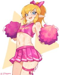 Rule 34 | 1boy, blonde hair, blue eyes, bow, cheerleader, cheerleader link, crossdressing, discreet vibrator, hair bow, jtveemo, link, looking at viewer, male focus, midriff, navel, nintendo, pleated skirt, pointy ears, pom pom (cheerleading), ponytail, sex toy, simple background, skirt, solo, sweat, the legend of zelda, the legend of zelda: tri force heroes, trap, triforce, vibrator, white background