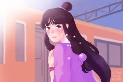 Rule 34 | ace attorney, artist name, bad id, bad twitter id, black hair, blunt bangs, commentary, curtained hair, english commentary, highres, jacket, long hair, looking at viewer, maya fey, outdoors, purple jacket, scene reference, sky, tears, train, upper body, vitamincera