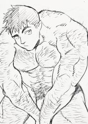 Rule 34 | 1boy, abs, arm hair, bara, chest hair, completely nude, dickfish (fishismdick), feet out of frame, flaccid, from above, hairy, highres, john rottweil (dickfish), large pectorals, leg hair, looking at viewer, male focus, male pubic hair, mature male, muscular, muscular male, navel, navel hair, nipples, nude, original, pectorals, penis, penis peek, pubic hair, raised eyebrow, scan, short hair, sideburns, sketch, solo, stomach, thick eyebrows, thighs, traditional media, v arms