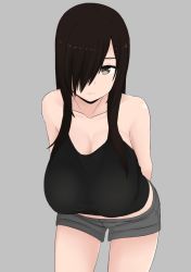 Rule 34 | 1girl, arms behind back, bare shoulders, black hair, black shirt, breasts, brown eyes, cleavage, collarbone, cowboy shot, grey background, grey shorts, hair over one eye, hanging breasts, highres, huge breasts, large breasts, leaning forward, light smile, long hair, looking at viewer, nao (ritsancrossover), original, outline, pai-chan (nao (ritsancrossover)), parted bangs, parted lips, shiny skin, shirt, short shorts, shorts, simple background, solo, standing, tank top, thighs