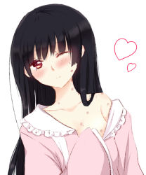 Rule 34 | 1girl, bad id, bad pixiv id, black hair, blush, heart, hickey, houraisan kaguya, long hair, looking at viewer, off shoulder, simple background, solo, sui (camellia), touhou, white background
