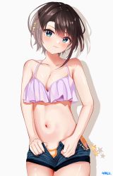 Rule 34 | 1girl, absurdres, aqua eyes, bare shoulders, bikini, bikini under clothes, braid, breasts, brown hair, cleavage, closed mouth, collarbone, cowboy shot, frilled bikini, frills, head tilt, highres, hip vent, hololive, looking at viewer, navel, oozora halu, oozora subaru, oozora subaru (work), open fly, short hair, short shorts, shorts, side-tie bikini bottom, signature, simple background, solo, star (symbol), swept bangs, swimsuit, virtual youtuber, white background