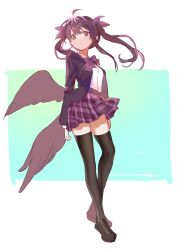 Rule 34 | 1girl, absurdres, ahoge, black footwear, black hair, black jacket, black thighhighs, blazer, bow, bowtie, breasts, brown wings, closed mouth, commentary request, expressionless, feathered wings, full body, hair bow, highres, himekaidou hatate, jacket, kanta (pixiv9296614), leaning back, loafers, long hair, looking at viewer, medium bangs, open clothes, open jacket, plaid, plaid bow, plaid bowtie, plaid skirt, pointy ears, purple bow, purple bowtie, purple skirt, shirt, shoes, sidelocks, skirt, small breasts, solo, thighhighs, touhou, twintails, white background, white shirt, wings