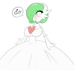 Rule 34 | 1boy, blush, breasts, choker, creatures (company), game freak, gardevoir, gen 3 pokemon, green hair, green lips, hair over one eye, highres, large breasts, lipstick, looking down, makeup, male focus, male with breasts, mega gardevoir, mega pokemon, mega stone, nintendo, open mouth, outstretched arms, pokemon, pokemon (creature), pokemon rse, sealguy, short hair, simple background, solo, standing, surprised, tears, trap, white background, white eyes