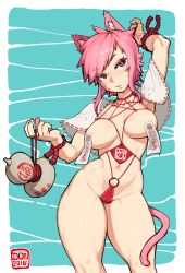 Rule 34 | 1girl, animal ears, cat ears, cat tail, covered erect nipples, facial tattoo, gourd, highres, navel, ofuda, ofuda on nipples, original, pasties, pink eyes, pink hair, revealing clothes, short hair, signature, simple background, solo, tagme, taikodon, tail, tattoo, thick thighs, thighs