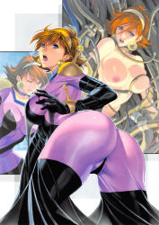 Rule 34 | 1girl, absurdres, ass, back, bodysuit, breasts, brown hair, curvy, from behind, g gundam, gundam, highres, homare (fool&#039;s art), huge ass, nipples, open mouth, rain mikamura, short hair, skin tight, solo, tentacles, thick thighs, thighs, wide hips, wire