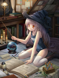 Rule 34 | 1girl, absurdres, bare shoulders, bed, book, bookmark, bookshelf, boots, candle, collarbone, crystal ball, grimoire, hat, highres, holding, lamp, long hair, namaru (summer dandy), name tag, old school swimsuit, one-piece swimsuit, open book, original, paper, pen, room, school swimsuit, silver hair, sitting, solo, stone, swimsuit, thighhighs, vial, wand, wariza, white thighhighs, witch hat, yellow eyes