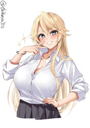 Rule 34 | 1girl, blonde hair, blue eyes, blush, breasts, cropped legs, ebifurya, grin, hand up, highres, iowa (kancolle), kantai collection, large breasts, long hair, looking at viewer, one-hour drawing challenge, shirt, simple background, smile, solo, sparkle, star-shaped pupils, star (symbol), symbol-shaped pupils, twitter username, white background, white shirt