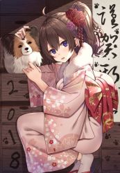 Rule 34 | 1girl, :d, animal ears, bad id, bad twitter id, black nails, bow, brown hair, dog, drawer, fingernails, floral print, flower, from side, grey socks, hair between eyes, hair flower, hair ornament, happy new year, headpat, japanese clothes, kanikou, kimono, long hair, long sleeves, looking at viewer, looking to the side, mole, mole under mouth, nail polish, new year, obi, open mouth, original, pink kimono, ponytail, purple eyes, purple flower, red bow, red flower, sandals, sash, scroll, smile, socks, solo, squatting, tareme, translated, wavy hair, wide sleeves, yukata