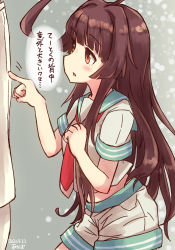 Rule 34 | 1girl, 1other, ahoge, akapocho, aqua sailor collar, brown eyes, brown hair, commentary request, cowboy shot, highres, huge ahoge, kantai collection, kuma (kancolle), long hair, neckerchief, poking, red neckerchief, sailor collar, school uniform, serafuku, short sleeves, shorts, translated
