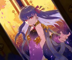 Rule 34 | 1girl, absurdres, demon girl, earrings, fate/grand order, fate (series), flower, hair ribbon, hakisou, highres, jewelry, kama (fate), kama (second ascension) (fate), long hair, looking at viewer, lotus, multicolored hair, nail polish, petals, purple hair, reaching, reaching towards viewer, red eyes, revealing clothes, ribbon, white hair