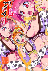 Rule 34 | 3girls, :d, animal ears, animal print, areola slip, bell, bow, breasts, cleavage, closed mouth, collar, commentary request, cow ears, cow horns, cow print, cow tail, fake animal ears, gradient background, green eyes, hair bow, hanadera nodoka, healin&#039; good precure, highres, horns, hoshina hikaru, long hair, looking at viewer, medium breasts, midriff, multiple girls, natsuumi manatsu, navel, neck bell, open mouth, orange background, orange hair, panties, pink eyes, pink hair, polka dot, polka dot background, precure, red collar, red eyes, red hair, ryuuta (cure ryuuta), short hair, smile, star twinkle precure, tail, tropical-rouge! precure, twintails, underwear, white panties, yellow bow