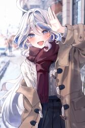 Rule 34 | 1girl, blue eyes, blue hair, casual clothes, dasha, furina (genshin impact), genshin impact, light blue hair, long sleeves, looking at viewer, multicolored hair, open mouth, outdoors, smile, solo, streaked hair