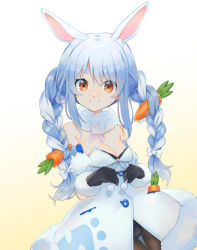 Rule 34 | 1girl, animal ear fluff, animal ears, armpit crease, artist name, bare shoulders, black gloves, blue hair, bow, braid, breasts, carrot hair ornament, cleavage, coat, commentary, cowboy shot, don-chan (usada pekora), english commentary, eyes visible through hair, food-themed hair ornament, fur-trimmed coat, fur-trimmed gloves, fur trim, gloves, gradient background, hair bow, hair ornament, hair over eyes, hololive, hololive fantasy, klaeia, leotard, long hair, looking at viewer, multicolored hair, orange eyes, pantyhose, playboy bunny, rabbit ears, short eyebrows, sidelocks, simple background, smile, solo, split mouth, thick eyebrows, twin braids, two-tone hair, usada pekora, usada pekora (1st costume), v-shaped eyebrows, virtual youtuber, white background, white coat, white hair