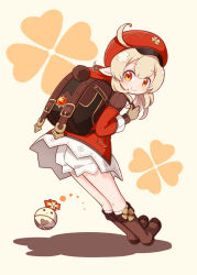 Rule 34 | 1girl, ahoge, backpack, bag, bloomers, blush, boots, brown background, brown footwear, brown gloves, cabbie hat, closed mouth, commentary request, dress, full body, genshin impact, gloves, hair between eyes, harada (sansei rain), hat, highres, klee (genshin impact), knee boots, kneehighs, light brown hair, long hair, long sleeves, low twintails, pointy ears, red dress, red eyes, red hat, ribbed legwear, shadow, smile, socks, solo, twintails, underwear, white bloomers, white socks