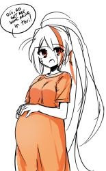 Rule 34 | 10s, 1girl, drawfag, english text, scar on face, hair over one eye, hands on stomach, highres, long hair, long shirt, looking at viewer, multicolored hair, nikaidou saki, orange shirt, ponytail, pregnant, red eyes, scar, scar on cheek, scar on face, shirt, simple background, solo, standing, streaked hair, very long hair, white background, zombie land saga