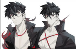 Rule 34 | 1boy, bara, black fire, black hair, earrings, facial hair, fire, goatee stubble, hair between eyes, hair tattoo, highres, jewelry, large pectorals, long sideburns, looking at viewer, male focus, mature male, multiple views, muscular, muscular male, original, pale skin, pectoral cleavage, pectorals, red pupils, sanpaku, scar, scar across eye, scar on chest, short hair, sideburns, sideburns stubble, stubble, thick eyebrows, upper body, yaoyaore