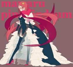 Rule 34 | 10s, 1girl, black thighhighs, brown background, colored eyelashes, copyright name, crown, detached sleeves, frills, high heels, highleg, long hair, long legs, long skirt, looking at viewer, mawaru penguindrum, mochizuki kei, nail polish, princess of the crystal, red eyes, red footwear, red hair, red scarf, scarf, shoes, simple background, skirt, solo, standing, strapless, takakura himari, thighhighs