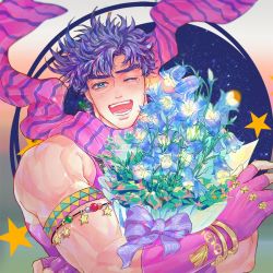 Rule 34 | 1boy, aged down, bare shoulders, blue eyes, blue flower, blush, bouquet, bracelet, fingerless gloves, floating scarf, flower, flower request, gloves, green eyes, headband, holding, holding bouquet, jewelry, jojo no kimyou na bouken, joseph joestar, joseph joestar (young), male focus, muscular, muscular male, one eye closed, purple hair, scarf, shirt, short hair, sleeveless, sleeveless shirt, smile, solo, striped clothes, striped scarf, xing xiao