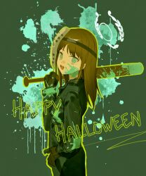 1girl :d absurdres airi_(blue_archive) airi_(halloween)_(blue_archive) baseball_bat black_gloves blue_archive brown_hair carrying_over_shoulder chinese_commentary commentary_request cowboy_shot from_side gloves green_background green_eyes halloween_costume happy_halloween highres hockey_mask holding holding_baseball_bat long_hair looking_at_viewer mask mask_on_head official_alternate_costume open_mouth paint_splatter paint_splatter_on_face simple_background smile solo xianyusixu