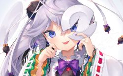 Rule 34 | 1girl, :p, blue eyes, blush, bow, bowtie, broken plate, frilled sleeves, frills, grey hair, gunjou row, hand on own cheek, hand on own face, holding, holding plate, japanese clothes, kariginu, layered sleeves, long hair, looking at viewer, mononobe no futo, plate, pom pom (clothes), ponytail, ribbon-trimmed sleeves, ribbon trim, signature, solo, tongue, tongue out, touhou, tsurime, white background