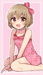 Rule 34 | 1girl, barefoot, bead bracelet, beads, bow, bracelet, brown eyes, brown hair, camisole, collarbone, commentary, flat chest, hair between eyes, hair bow, highres, idolmaster, idolmaster cinderella girls, jewelry, koga koharu, legs, light blush, looking at viewer, open mouth, pink background, pink bow, pink camisole, polka dot camisole, short hair, sidelocks, sitting, smile, solo, striped, striped background, thighs, tko0, wariza