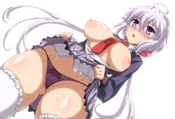 Rule 34 | 1girl, ahoge, black panties, blush, breasts, breasts out, clothes lift, dutch angle, gluteal fold, highres, inverted nipples, large areolae, large breasts, light purple hair, long hair, looking at viewer, lydian academy school uniform, nipples, open mouth, panties, puffy nipples, purple eyes, school uniform, senki zesshou symphogear, shiny skin, skirt, skirt lift, solo, standing, sweat, twintails, underwear, very long hair, yoshi tama, yukine chris