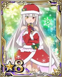 Rule 34 | 10s, 1girl, bare shoulders, bell, box, breasts, card (medium), character request, cleavage, gift, gift box, gloves, hat, heterochromia, holding, holding box, long hair, looking at viewer, medium breasts, red eyes, red gloves, red hat, santa gloves, santa hat, silver hair, smile, solo, star (symbol), sword art online, very long hair, yellow eyes