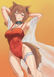 Rule 34 | 1girl, ;d, angelina (arknights), angelina (summer flower) (arknights), animal ears, arknights, armpits, arms behind head, bare shoulders, blush, brown hair, casual one-piece swimsuit, collar, covered navel, feet out of frame, fox ears, fox girl, fox tail, gluteal fold, gradient background, hair ribbon, highres, infection monitor (arknights), jewelry, long hair, looking at viewer, naixorth, necklace, official alternate costume, one-piece swimsuit, one eye closed, open mouth, orange background, red eyes, red one-piece swimsuit, red ribbon, ribbon, simple background, smile, solo, standing, swimsuit, tail, thigh strap, twintails